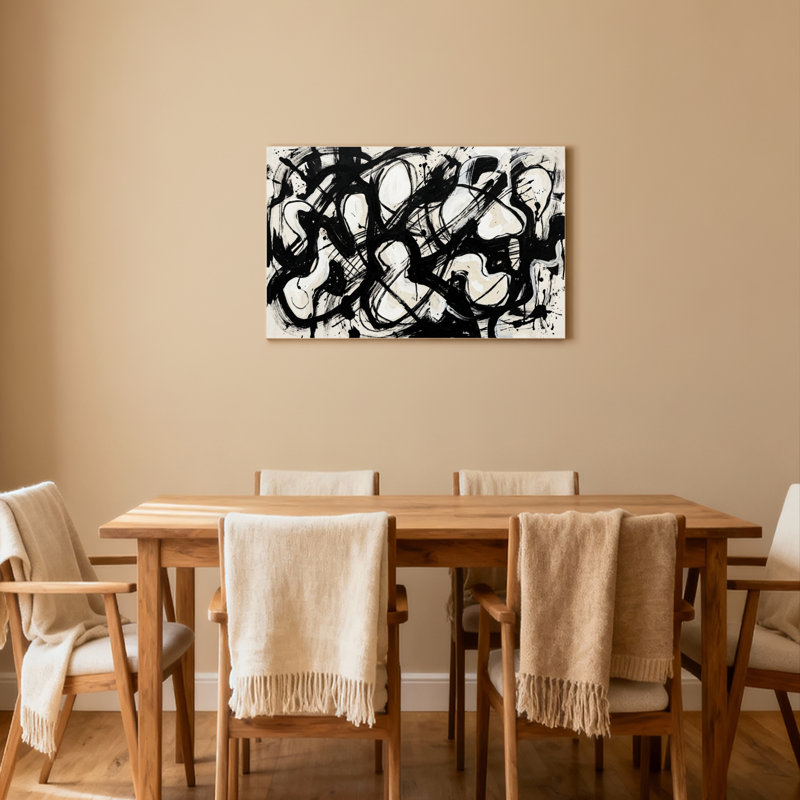 Ensemble de 1 tableau abstrait noir et blanc à coups de pinceau sur toile tendue, H 12 po x l 18 po