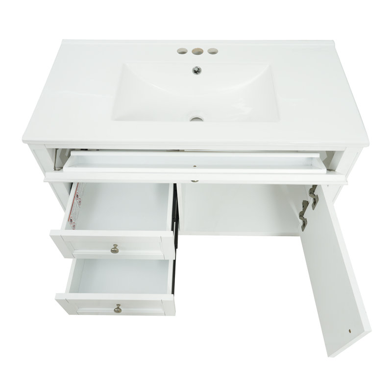 Meuble de salle de bain suspendu moderne avec 2 tiroirs et rangement basculant blanc