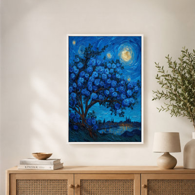 Blue Rose Tree Night Sky Canvas Wall Art with Floating Frame, Ready to Hang