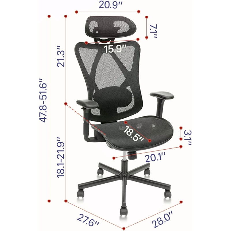 Chaise de bureau en filet, chaises de bureau ergonomiques avec roulettes, support lombaire réglable, accoudoirs, chaise de bureau à haut dossier inclinable avec roulette silencieuse pour le bureau, la maison, les jeux
