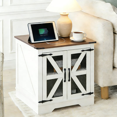 Farmhouse End Table with Charging Station - Nightstand with 2 Outlets & 2 USB Ports - Vintage Industrial Side Table