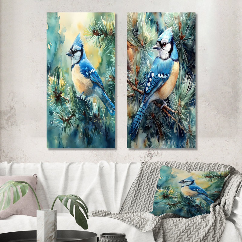«Blue Jay parmi les pins», reproduction d'art en métal 2 pièces, 32" H x 32" W