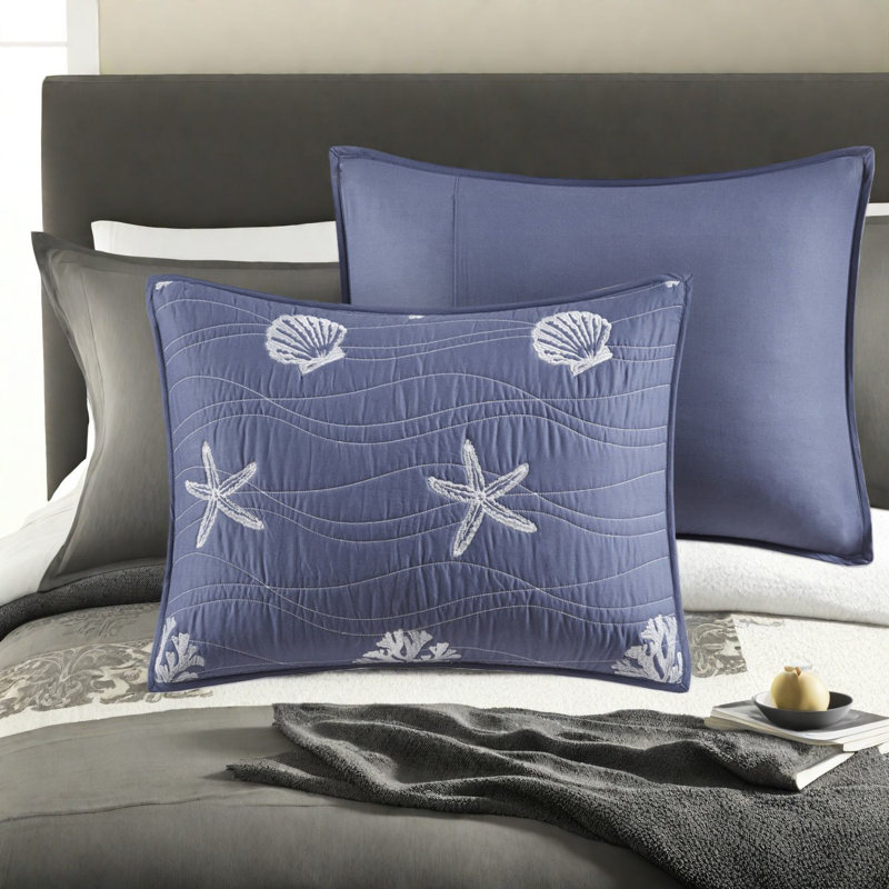 Ensemble de literie réversible en coton brodé avec coussin décoratif, double marine / grand côtier