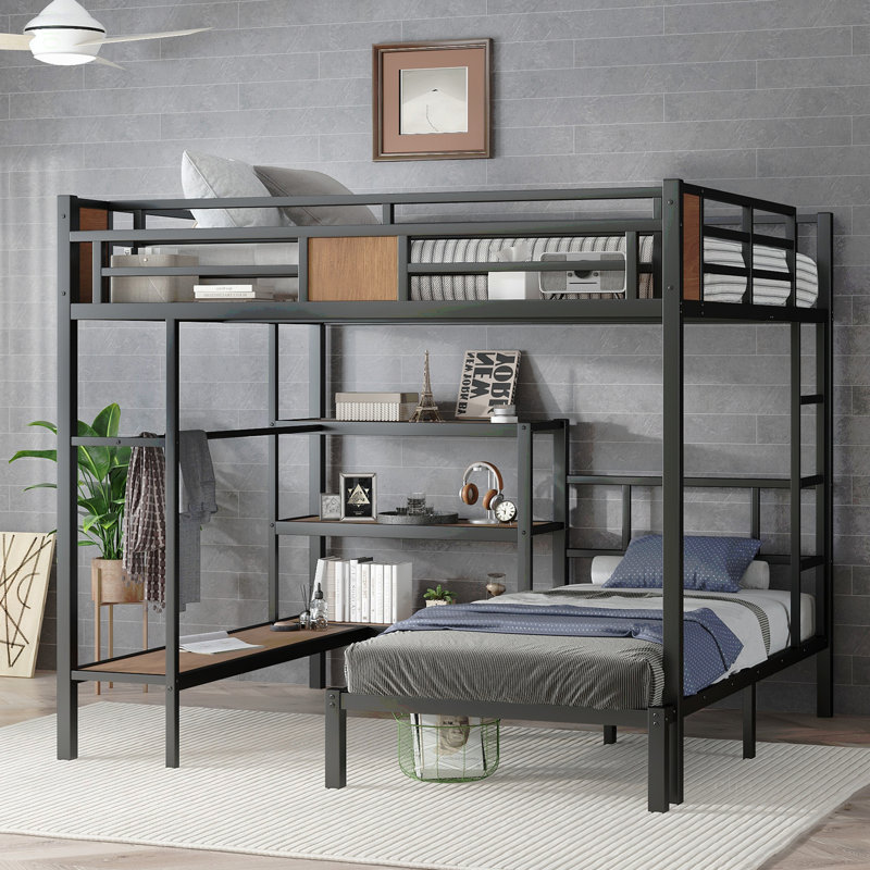 Grand lit superposé simple avec espace de rangement sur le lit supérieur, lit inférieur avec cintres et tablettes, peu encombrant / réduit le bruit