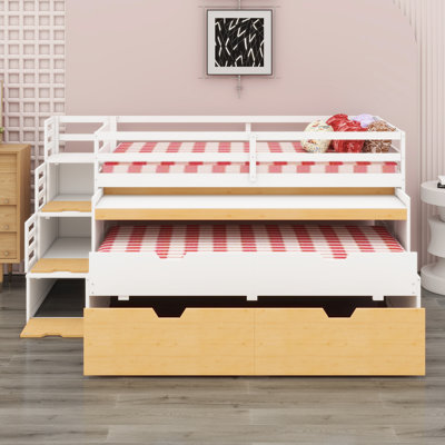Gaming & Workstation Loft Bed with Pull-Out Desk, Trundle, Storage Drawers and Steps