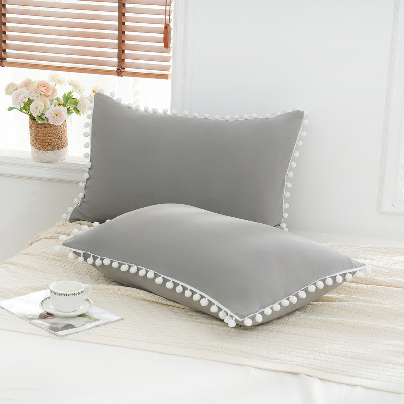 Gray White Pom Poms Pillowcases, Standard Queen Size Pillow Cases Set of 2, 100% Washed Microfiber,Light Gray Ball Fringe Pillow Cover, 2 Pack