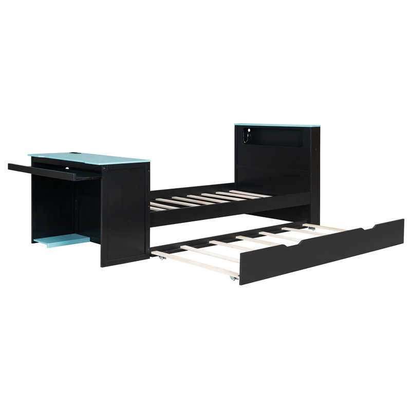 Twin Size Wood Daybed with Twin Size Trundle,Desk,LED light and USB,Black+Blue, Twin, Black/Blue