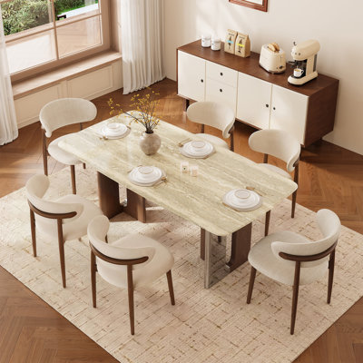 Ensemble de salle à manger contemporain 7 pièces, table rectangulaire en pierre avec pieds en bois et support en métal, 6 chaises rembourrées avec pieds en bois massif pour la salle à manger