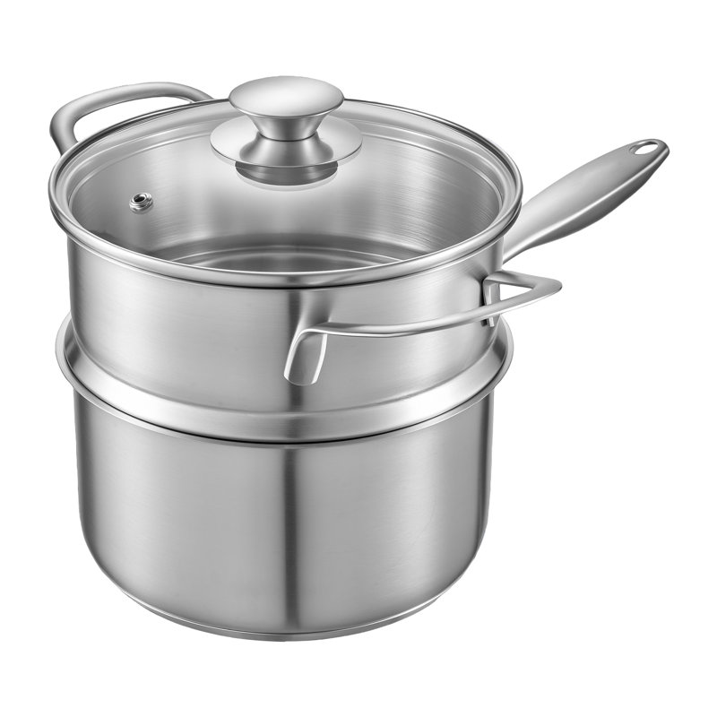 Casserole en acier inoxydable de 2,5 pintes de qualité supérieure avec insert pour cuiseur à vapeur, batterie de cuisine à induction trois couches et couvercle en verre