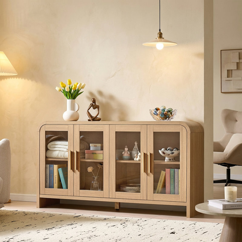 Arched Sideboard With Drawers And Tempered Glass Doors Desser Dresser, Oak