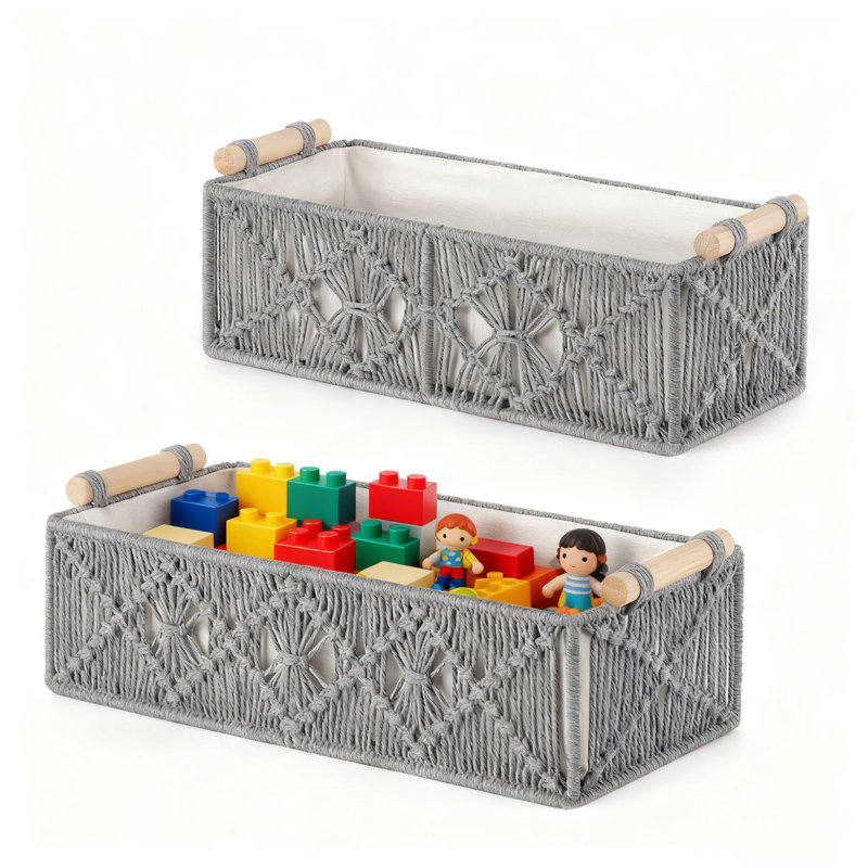 Storage Baskets, Set Of 2 Handmade Woven Boho Decor Boxes - Natural Seagrass & Paper Rope Basket For Countertop, Shelf, Cabinet Organization In Bedroom, Living Room, Bathroom