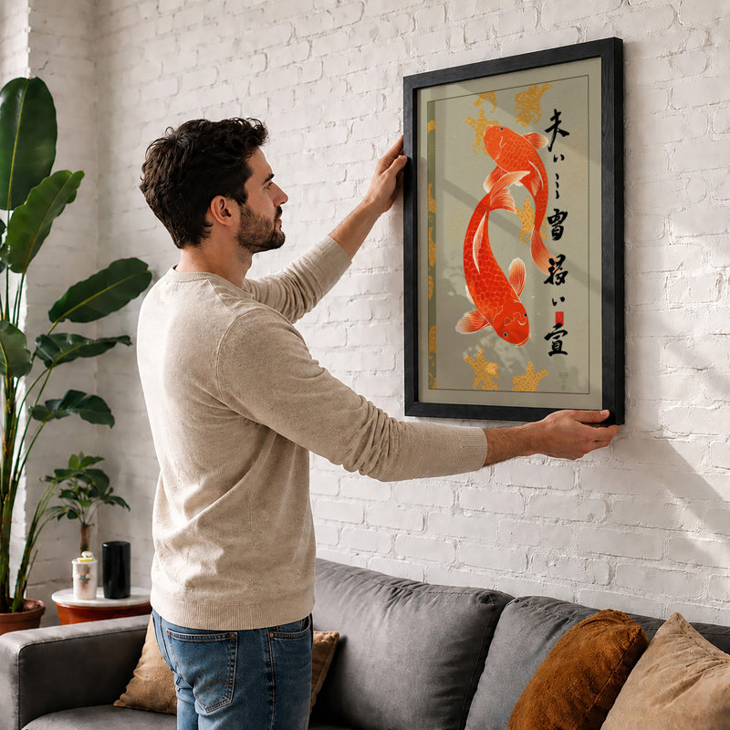 Koi in Gold Japandi - Framed Print, Oak, A3 - 42.0 x 29.7 cm