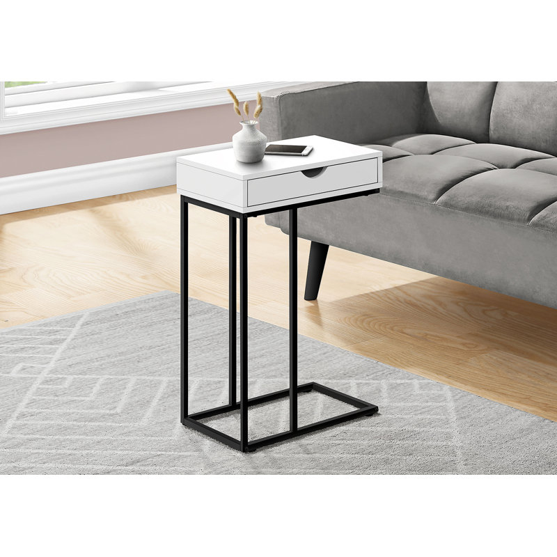 Table d'appoint, en forme de C, bout, côté, collation, tiroir de rangement, stratifié blanc, métal noir, Blanc, Noir