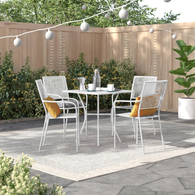 Ensemble de table de patio intérieur / extérieur en acier de qualité commerciale 28 po avec 4 chaises carrées Meranda, Blanc