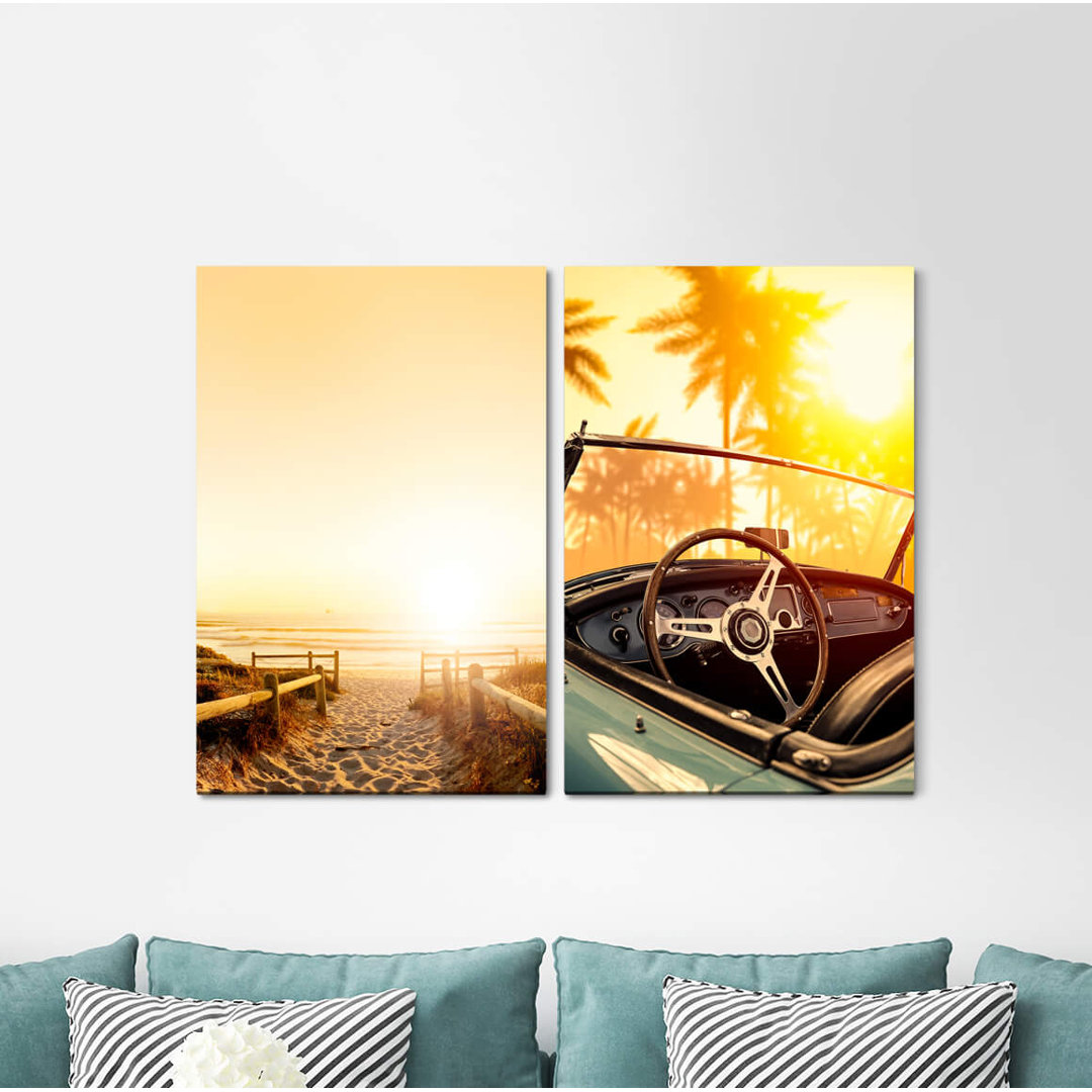 2-tlg. Leinwandbilder-Set - Fotografie „Sandy Beach Oldtimer Palms South Florida Caribbean Summer”