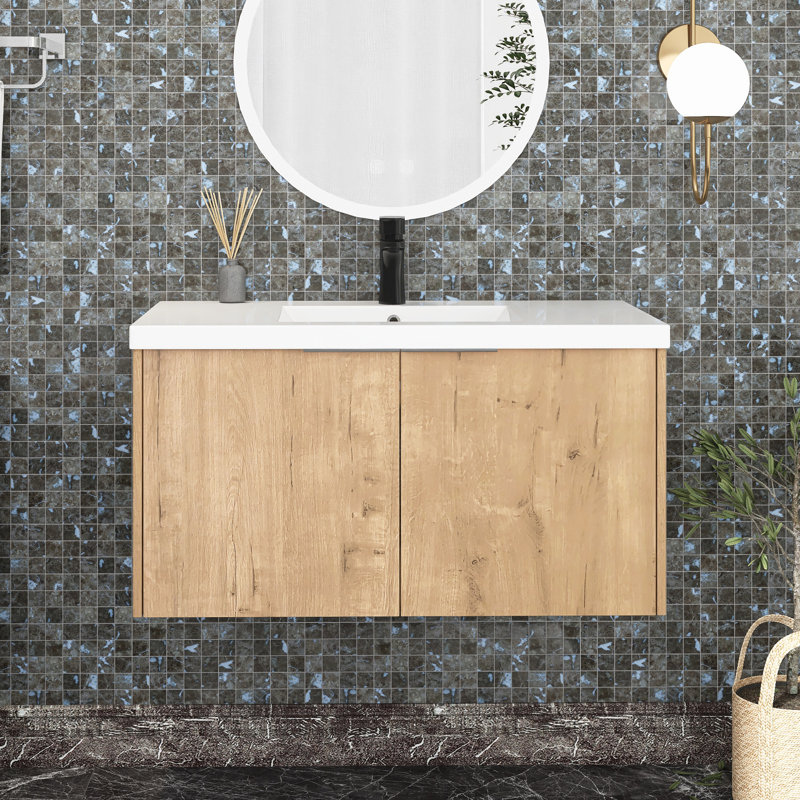 Meuble-lavabo mural simple 36 po avec plateau en résine Maceira, Imitation chêne