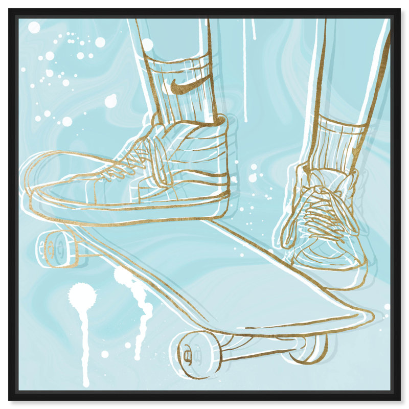 " Pastel And Gold Skateboard ", 24" H x 24" W x 1.5" D, Black Framed