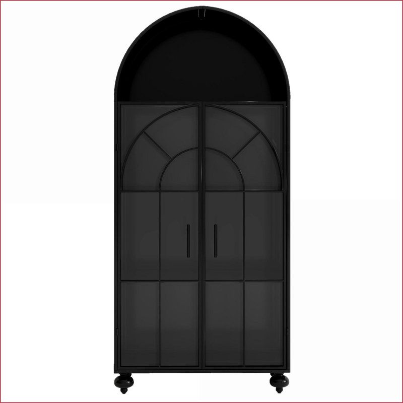 Armoire de rangement de 65,3 po de style industriel arqué avec portes en verre Tablettes | Acier | Verre trempé