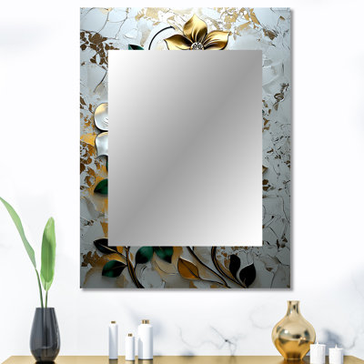 «Green and Gold Moroccan Floral Tiles IV» - miroir mural marocain, miroir décoratif traditionnel, impression d'art en métal