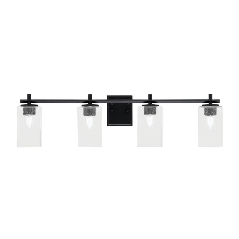 Barre d'éclairage de salle de bain 3 lumières Mariko avec verre carré transparent de 4 po, Noir mat, 4 lumières