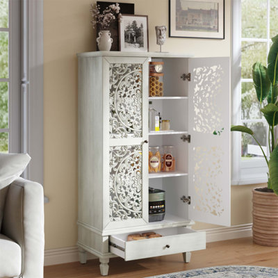 Rustic 55'' Tall Storage Cabinet with Drawer, Decorative 2-Door Carved Wood Accent for Living and Dining Areas