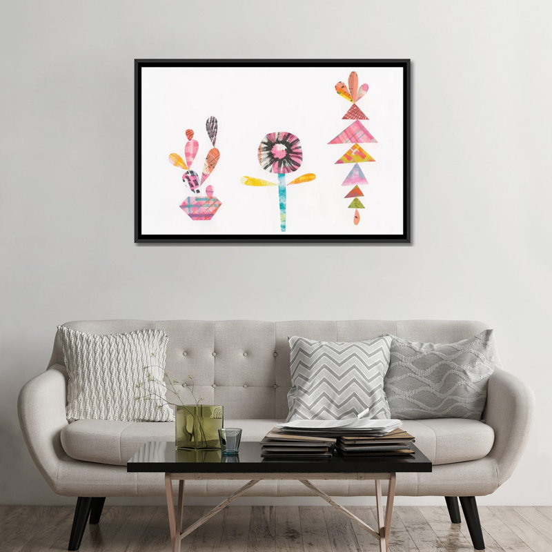 «Collage Cactus IX, impression sur toile tendue, H 32 po x l 48 po x P 1,5 po, Toile avec cadre noir, Pas de tapis