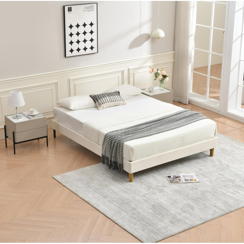 Lit plateforme en tissu d'ameublement, Crème, Double