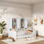 Lit de jour multifonctionnel avec bureau, tablettes, armoires et tiroirs, cadre de lit peu encombrant avec rangement, aménagement réversible, cadre en bois pour la chambre à coucher, appartement, bureau à domicile-112651677-112651678
