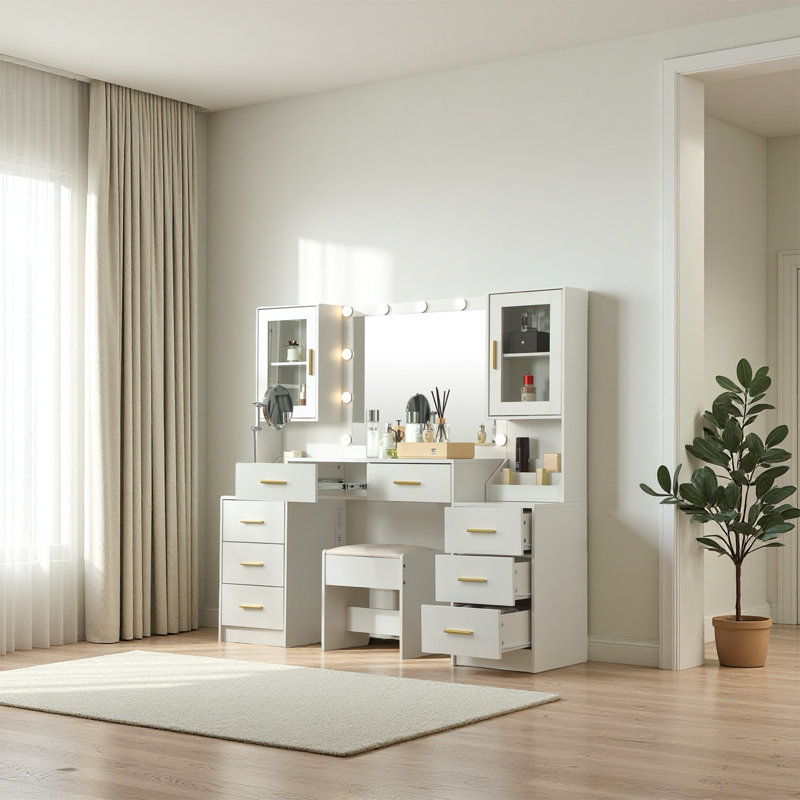 58.3 Extra Large Vanity Desk With Folding Up Mirror,makeup vanity table with mirror and lights,outlet and stool,dressing table with two makeup organizers,for bedroom