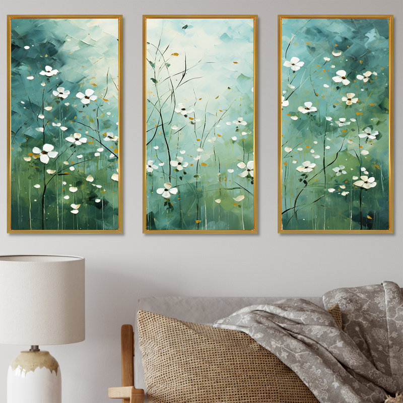 Ensemble de salon blanc et vert Herbal Symphony I - Floral Herbs Wall Art, Cadre flottant doré, H 40 po x l 60 po x P 1 po