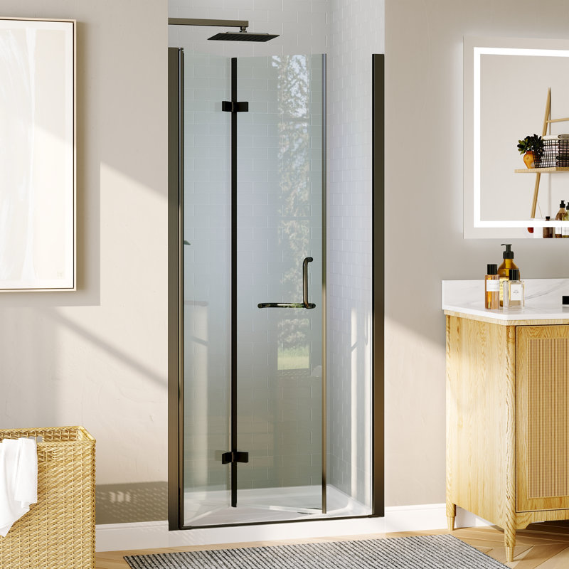 Portes de douche pliantes sans cadre de 34 à 35 1/2 po x H 72 po en noir mat avec verre trempé transparent de 1/4 po