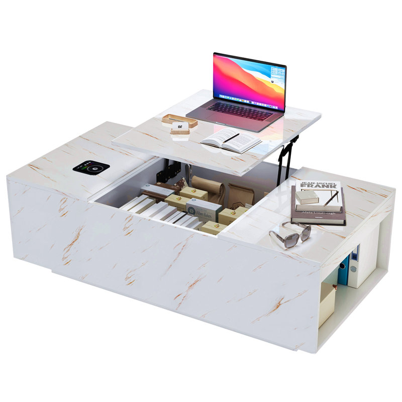 Table basse à plateau relevable avec rangement, lumières DEL 24 couleurs, chargement sans fil et haut-parleur Bluetooth
