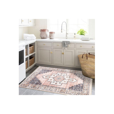 Machine Washable Grey Pink Ethnic Pattern Modern Decorative Woven Base Rug