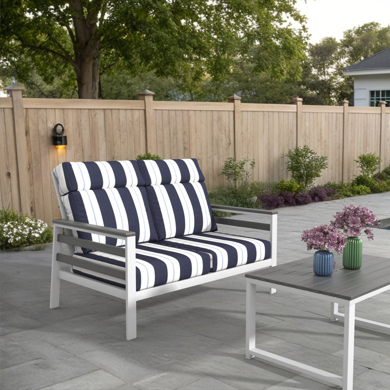 Townsend Metal Outdoor Loveseat With Sunbrella Cushion, Striped, Black/White