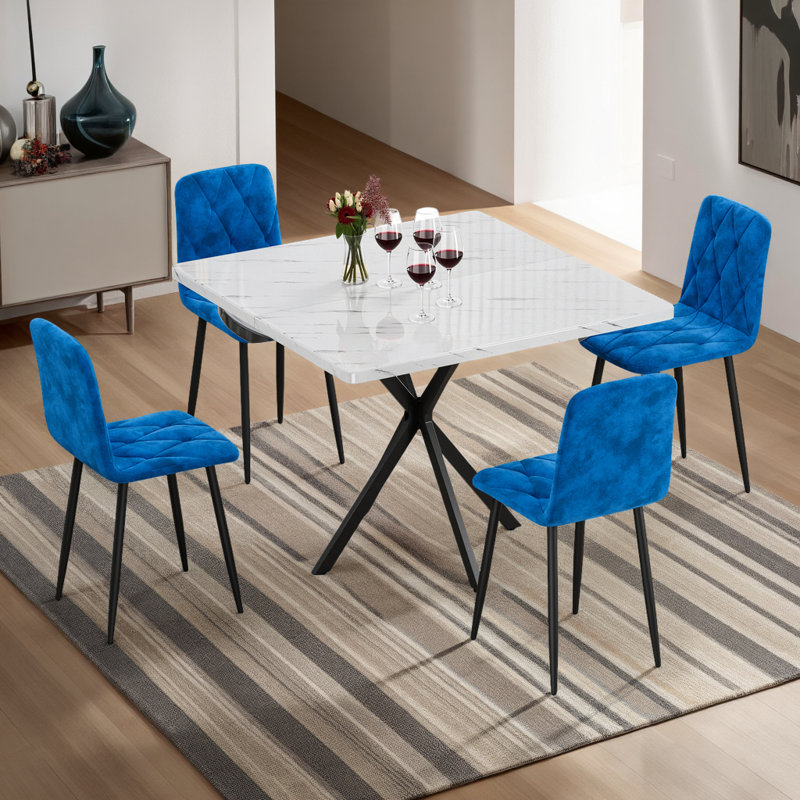 Ensemble de table de salle à manger 5 pièces avec table carrée blanche et chaises en velours, Bleu, Marbre blanc