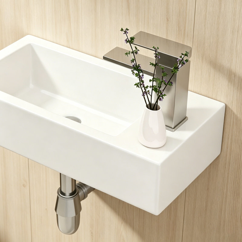 Ceramic Rectangle Wall Mount Bathroom Sink With Single Faucet Hole