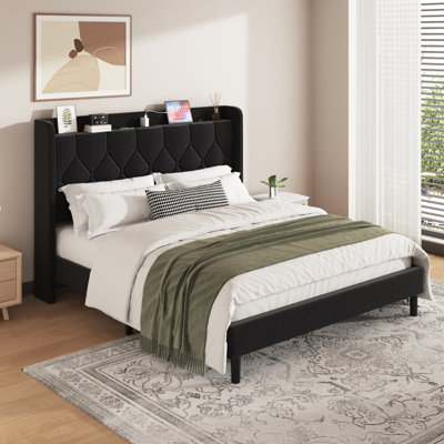 Structure de lit double tapissier en lin avec tête de lit double, structure de tête de lit capitonnée moderne à oreilles avec support en lattes de bois, aucun sommier nécessaire, confortable et silencieux, assemblage facile, gris foncé