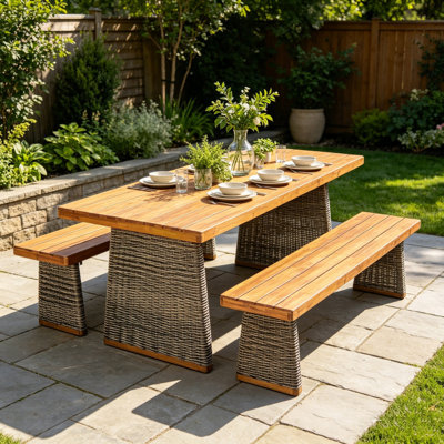 Ensemble de table de salle à manger d'extérieur en bois d'acacia avec 1 table et 2 bancs, plateau de table à lattes et pieds en rotin tissé, ensemble de salle à manger rectangulaire résistant aux intempéries, gris