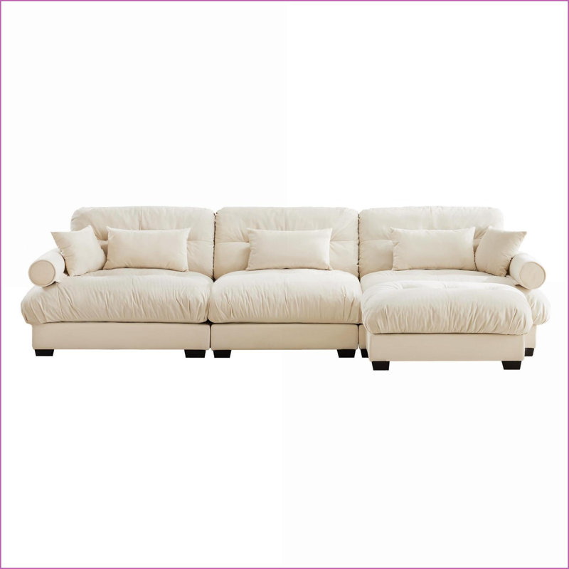 Sectional Sofa, Convertible L-Shaped Modular Velvet with Movable Ottoman &amp; Bolstered Armrests for Living Room | Cream