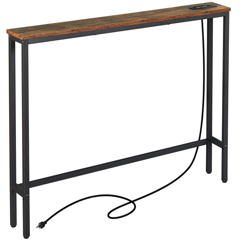 Narrow Console Sofa Table with Outlet, Brown, Black