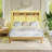 Queen Bed Frame with Natural Rattan Headboard, Bohemian Bed Frame with LED Lights & Charging Station, 2 Tier Storage Headboard, Under Bed Storage, No Box Spring Needed-562551910