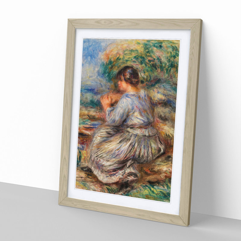 Girl Seated in a Landscape by Pierre-Auguste Renoir - Picture Frame Painting, 65cm H x 48cm W x 2cm D, Oak Framed