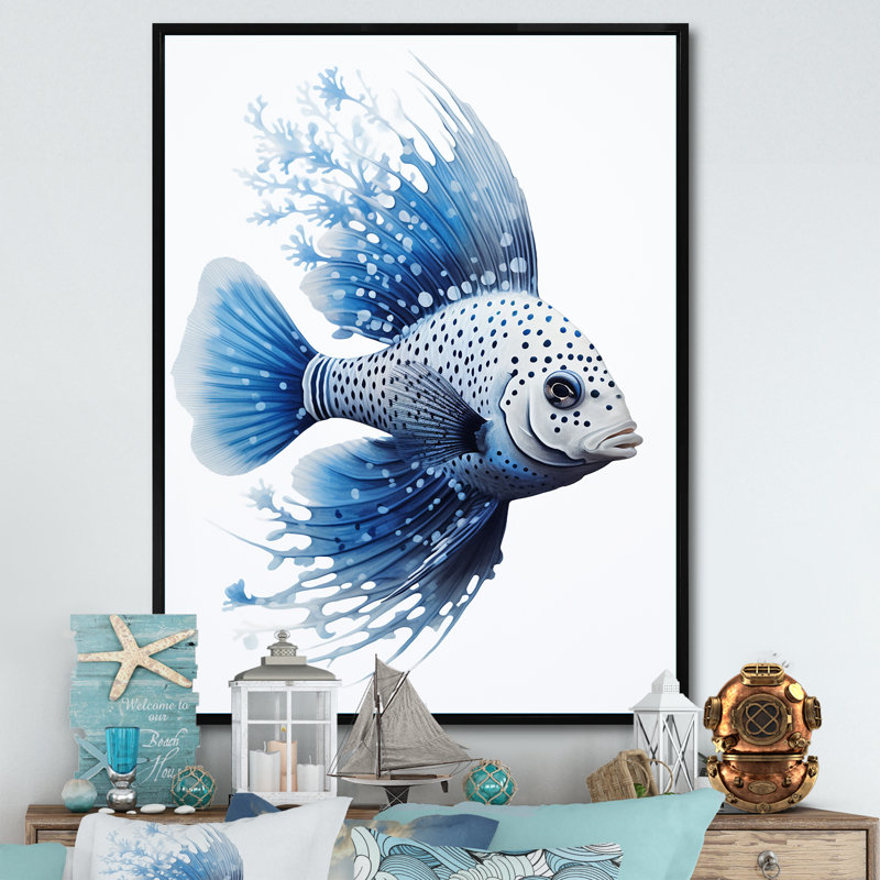 Croquis de poissons monochromes bleus et blancs I, Cadre flottant noir, H 32 po x l 24 po x P 1 po