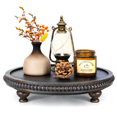 EOSAHR Rustic Round Pine Wooden Display Riser – Beaded Pedestal Stand for Decor, Kitchen Counter Organizer, Coffee table & Cake Stand - Decorative Display Risers for Living Room Decor (Old Black)