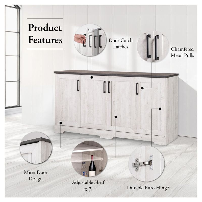 Yazeed Rustic Ridge Washed White 4 Door Sideboard Storage Cabinet