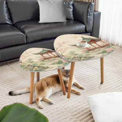 Triangle Nesting Coffee Table Set of 2 Beautiful exotic chinoiserie seamless Hand drawn vintage chinese rose End Table Modern Minimalist Side Table Set for Living Room Bedroom