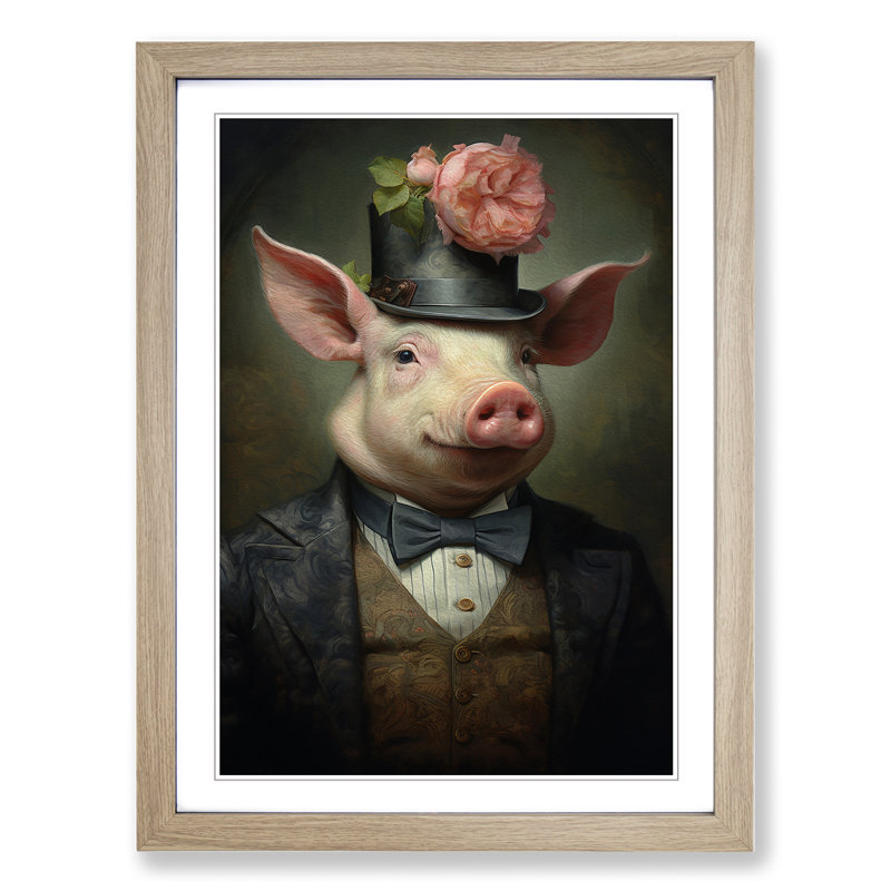 Pig Victorian - Single Picture Frame Print on Wood, 46" H x 34" W x 2" D, Oak