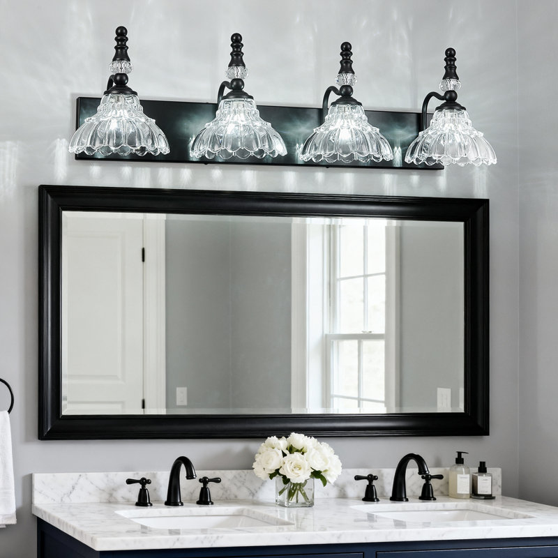 4-Light Vintage Black Vanity Light, Flower Glass Shade Bathroom Over Mirror Lighting Fixture, Matte Black, 4 Lights