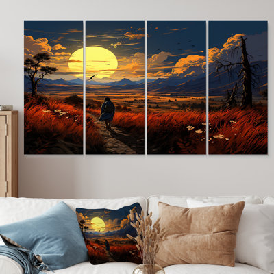 Coucher de soleil sur le chemin de la silhouette, paysages modernes II, art mural moderne sur toile 4 pièces