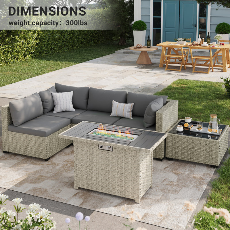 5 Pieces Design-Oriented Rattan Patio Conversation Sets With Fire Pit, Gray